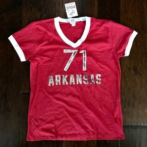 PINK University of Arkansas Tee UA Red Sparkle NWT